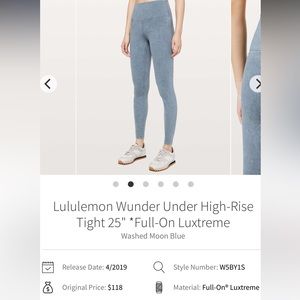 Lululemon’s Wunder Under Limited Edition Washed leggings 25” Size 6 blue/white